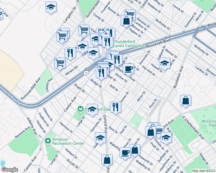 map of restaurants, bars, coffee shops, grocery stores, and more near 5319 Large Street in Philadelphia