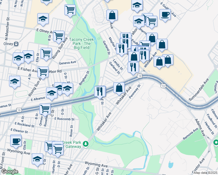 map of restaurants, bars, coffee shops, grocery stores, and more near 5107 F Street in Philadelphia