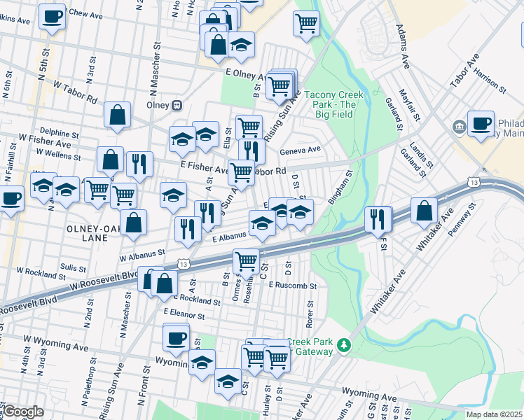map of restaurants, bars, coffee shops, grocery stores, and more near 5163 C Street in Philadelphia
