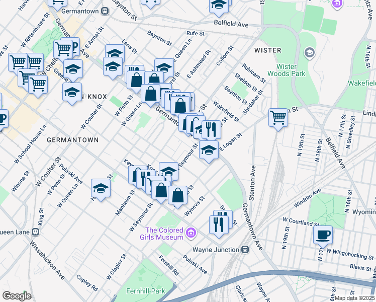 map of restaurants, bars, coffee shops, grocery stores, and more near 35 West Seymour Street in Philadelphia