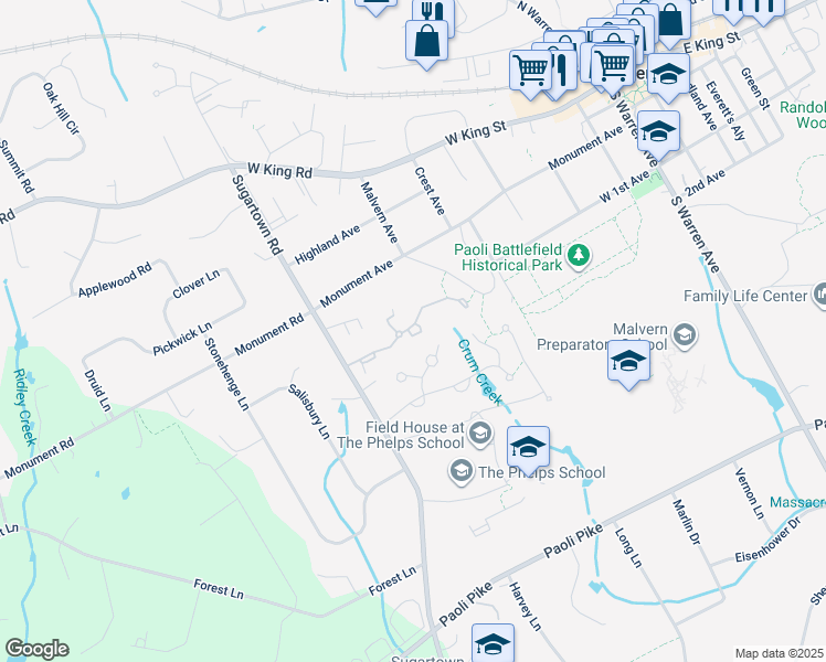 map of restaurants, bars, coffee shops, grocery stores, and more near 164 Kentsdale Ct in Malvern
