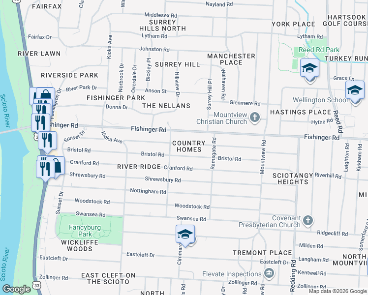 map of restaurants, bars, coffee shops, grocery stores, and more near 2378 Edgevale Road in Columbus