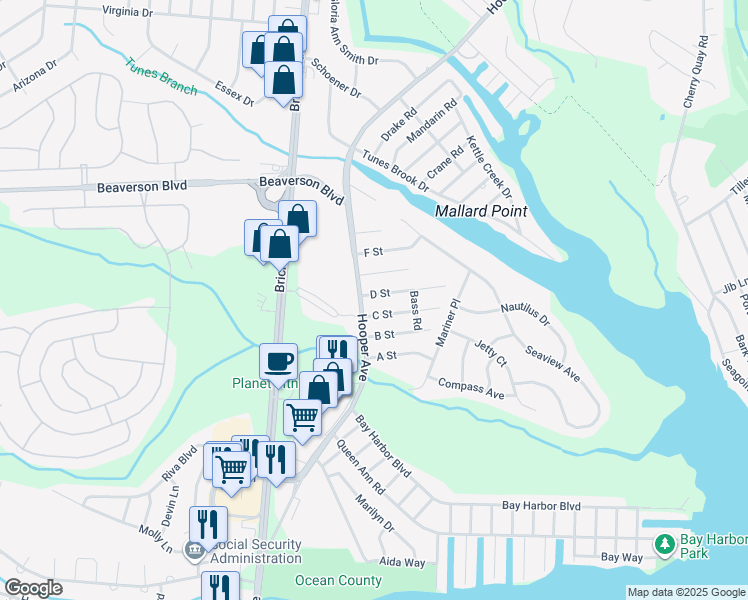 map of restaurants, bars, coffee shops, grocery stores, and more near 103 D Street in Brick