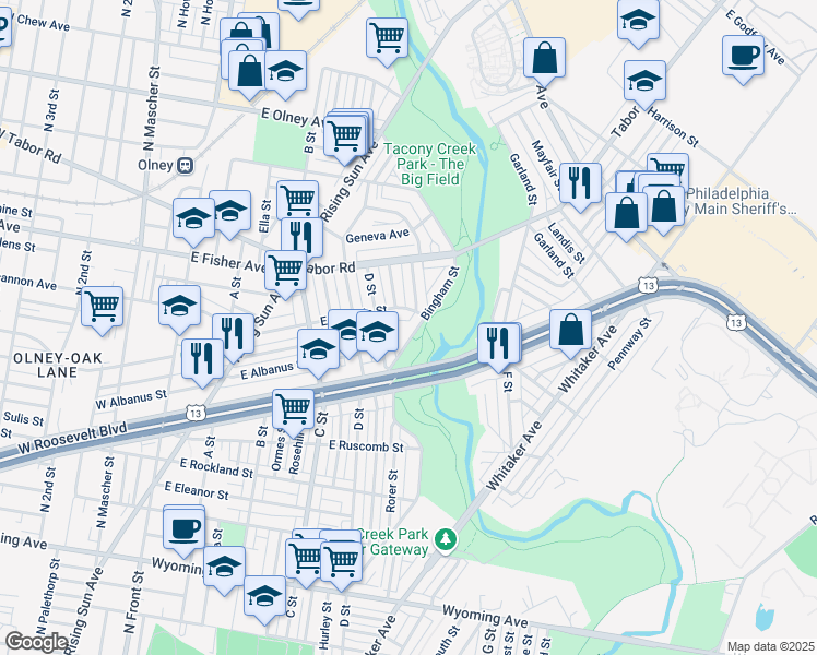 map of restaurants, bars, coffee shops, grocery stores, and more near 530 East Ashdale Street in Philadelphia