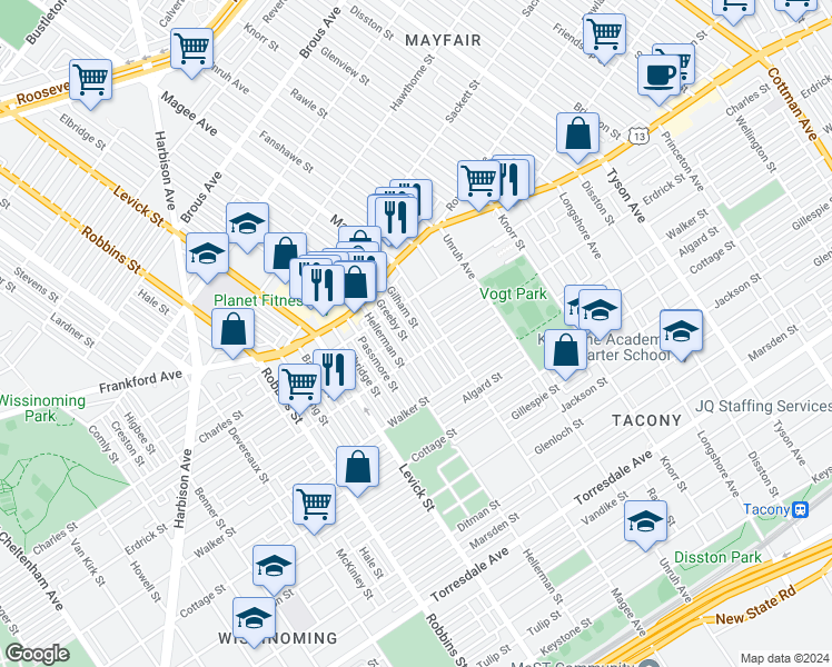 map of restaurants, bars, coffee shops, grocery stores, and more near 4144 Gilham Street in Philadelphia