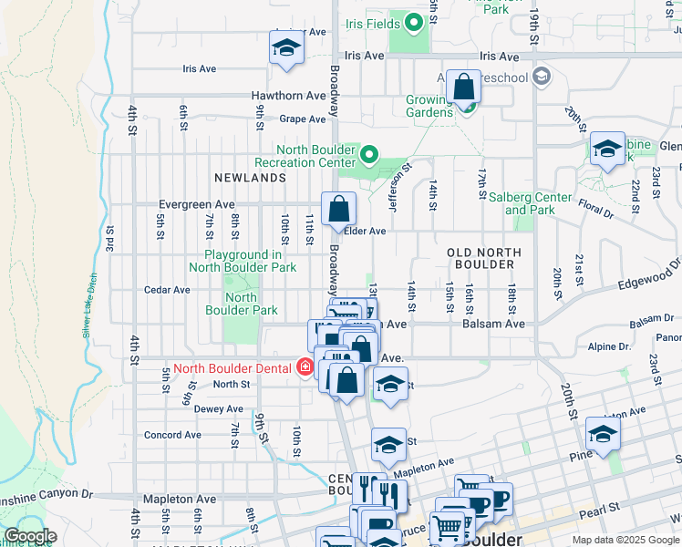 map of restaurants, bars, coffee shops, grocery stores, and more near 2950 Colorado 7 in Boulder