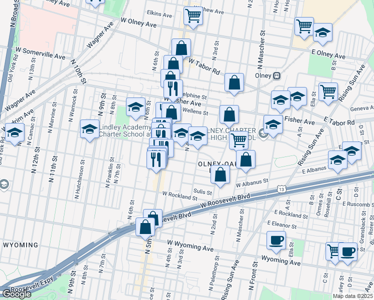 map of restaurants, bars, coffee shops, grocery stores, and more near 5100 North 4th Street in Philadelphia