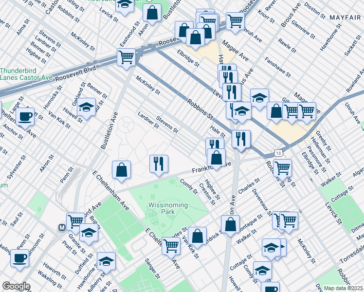 map of restaurants, bars, coffee shops, grocery stores, and more near 2830 Lardner Street in Philadelphia