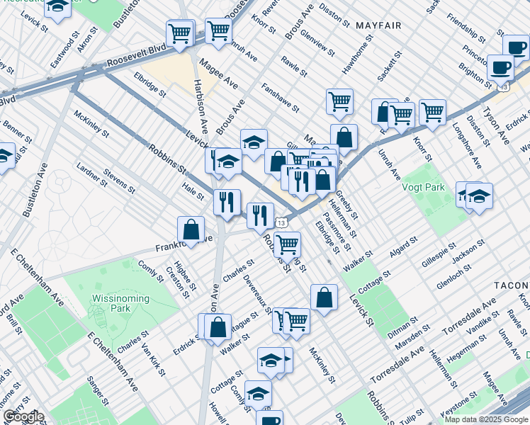 map of restaurants, bars, coffee shops, grocery stores, and more near 3135 Stirling Street in Philadelphia