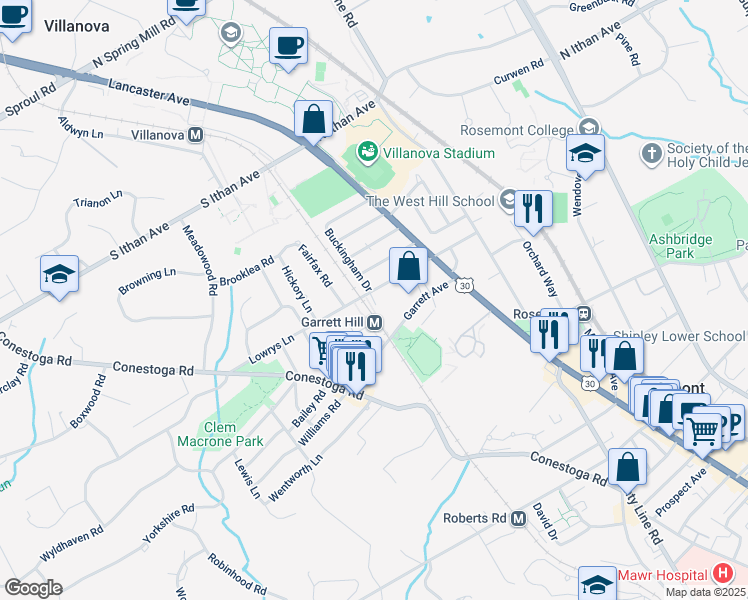 map of restaurants, bars, coffee shops, grocery stores, and more near 39 Lowrys Lane in Bryn Mawr
