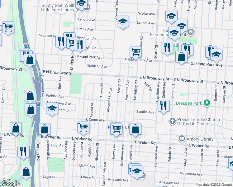 map of restaurants, bars, coffee shops, grocery stores, and more near 3075 Howey Road in Columbus