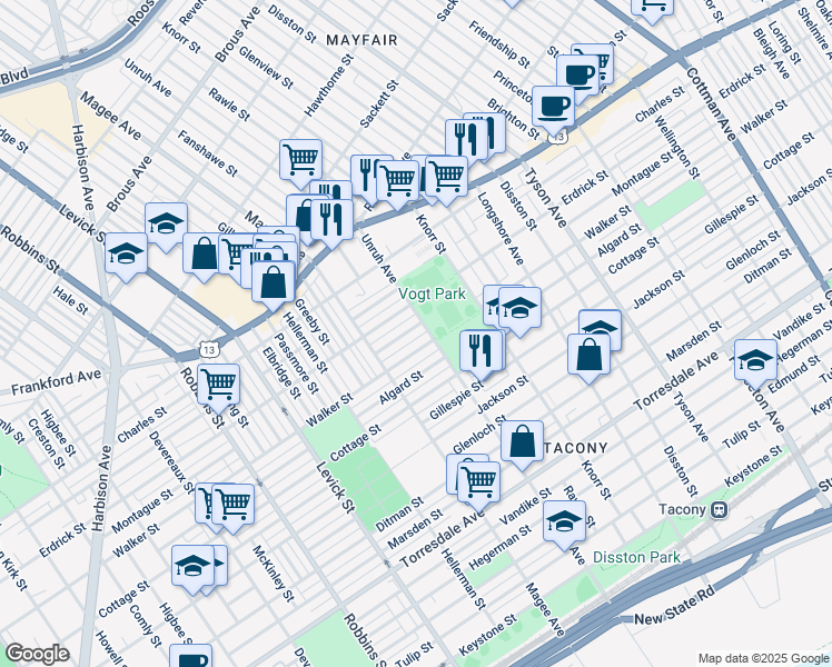 map of restaurants, bars, coffee shops, grocery stores, and more near 6653 Montague Street in Philadelphia