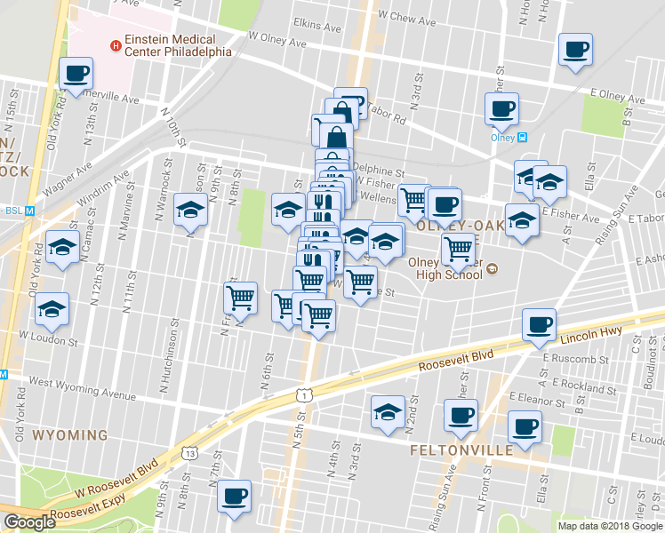 map of restaurants, bars, coffee shops, grocery stores, and more near 5043 North 5th Street in Philadelphia