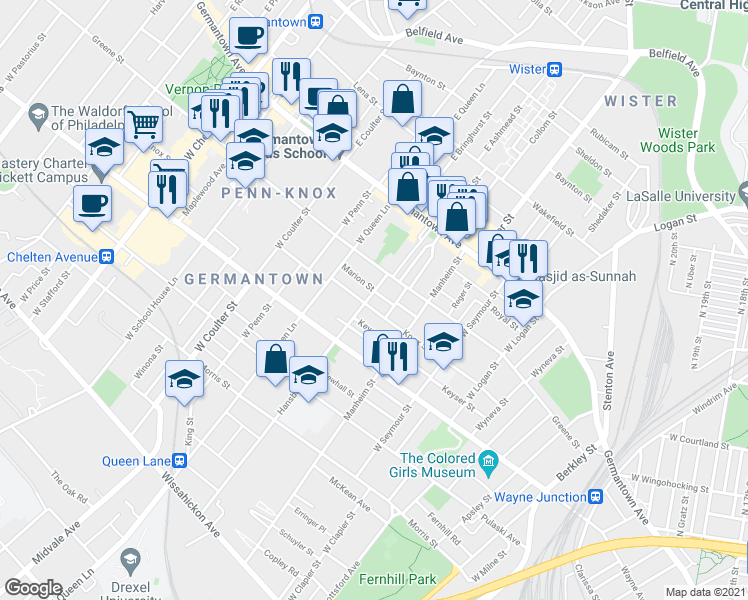 map of restaurants, bars, coffee shops, grocery stores, and more near 138 West Hansberry Street in Philadelphia