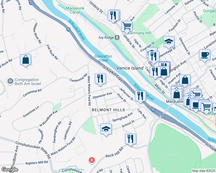 map of restaurants, bars, coffee shops, grocery stores, and more near 131 Jefferson Street in Bala Cynwyd