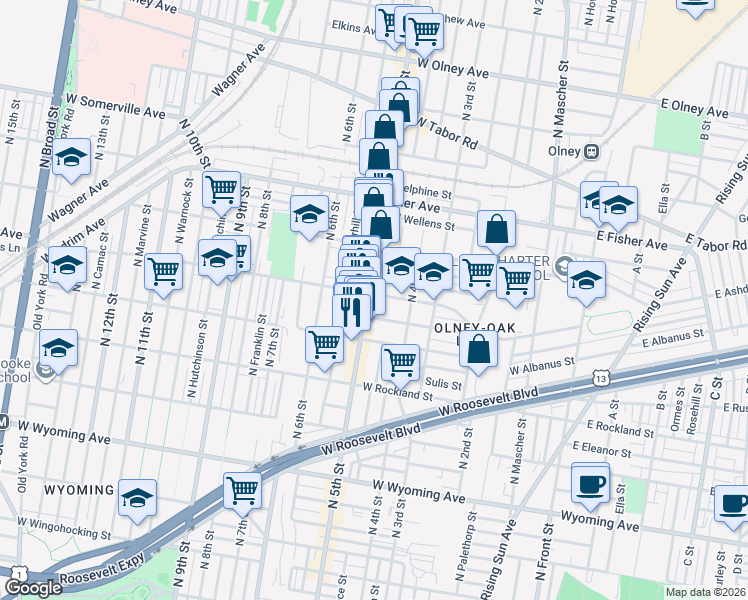 map of restaurants, bars, coffee shops, grocery stores, and more near 5105 North 5th Street in Philadelphia
