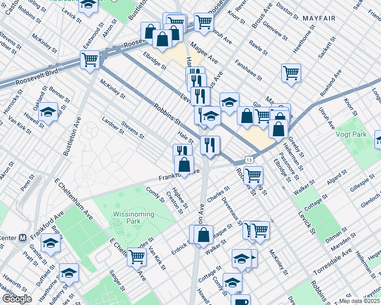 map of restaurants, bars, coffee shops, grocery stores, and more near 2962 McKinley Street in Philadelphia