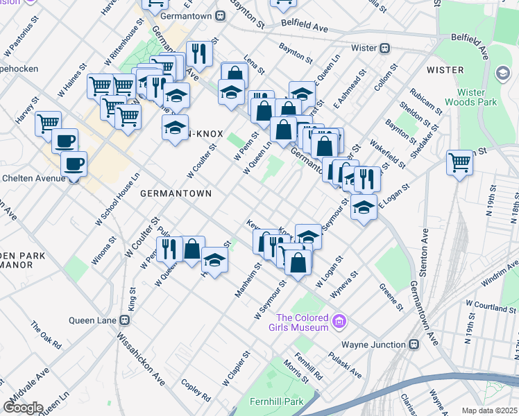 map of restaurants, bars, coffee shops, grocery stores, and more near 138 West Hansberry Street in Philadelphia