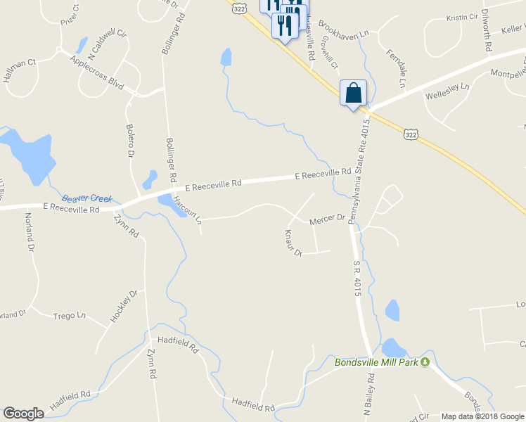 map of restaurants, bars, coffee shops, grocery stores, and more near 412 Mercer Drive in Downingtown