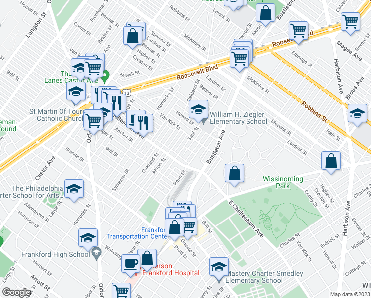 map of restaurants, bars, coffee shops, grocery stores, and more near 5847 Saul Street in Philadelphia