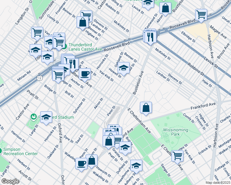 map of restaurants, bars, coffee shops, grocery stores, and more near 5847 Saul Street in Philadelphia