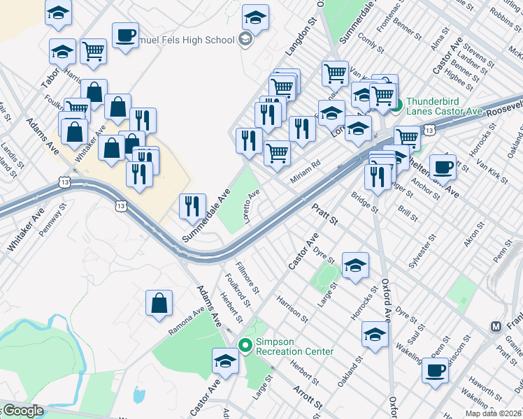 map of restaurants, bars, coffee shops, grocery stores, and more near 5025 Loretto Avenue in Philadelphia