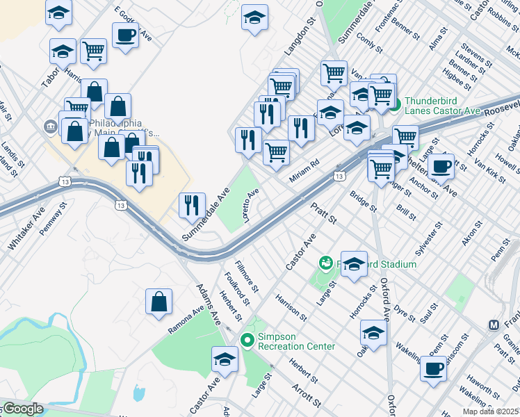map of restaurants, bars, coffee shops, grocery stores, and more near 4901 Miriam Road in Philadelphia