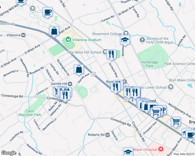 map of restaurants, bars, coffee shops, grocery stores, and more near 1052 East Lancaster Avenue in Bryn Mawr