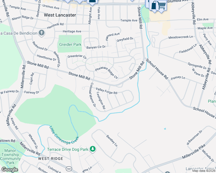 map of restaurants, bars, coffee shops, grocery stores, and more near 1706 Stone Mill Road in Lancaster
