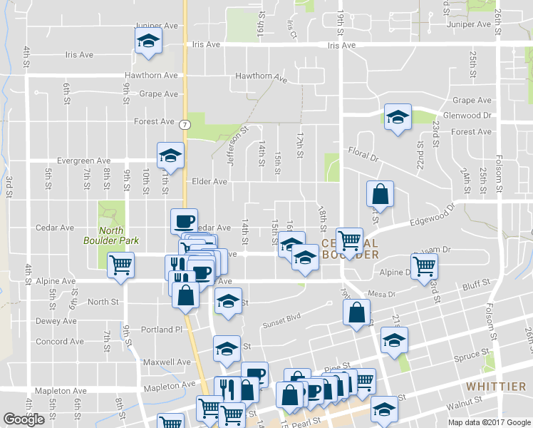 map of restaurants, bars, coffee shops, grocery stores, and more near 1470 Chestnut Place in Boulder