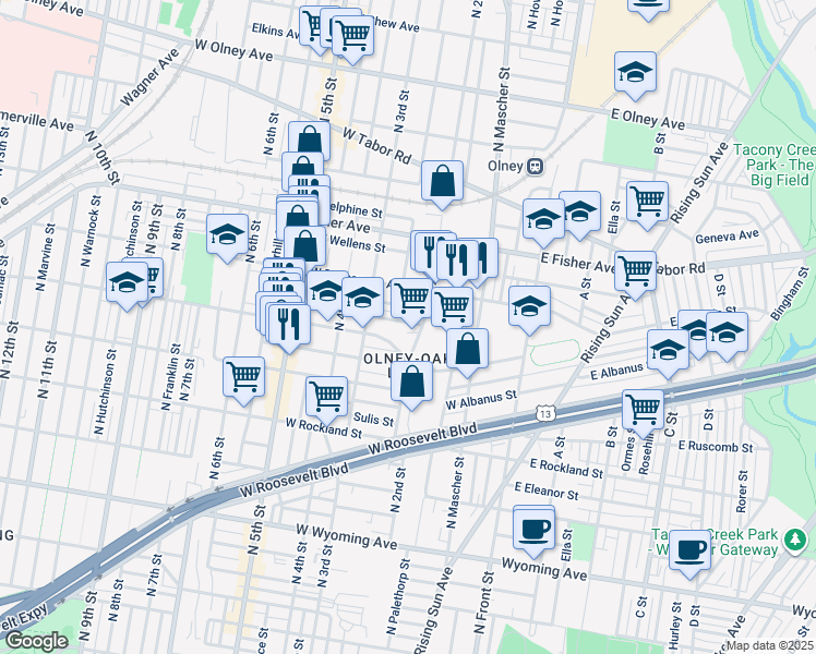 map of restaurants, bars, coffee shops, grocery stores, and more near 214 West Sheldon Street in Philadelphia