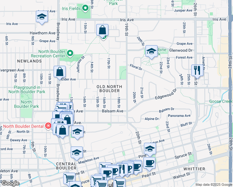 map of restaurants, bars, coffee shops, grocery stores, and more near 2955 18th Street in Boulder