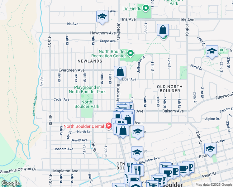 map of restaurants, bars, coffee shops, grocery stores, and more near 2950 Colorado 7 in Boulder