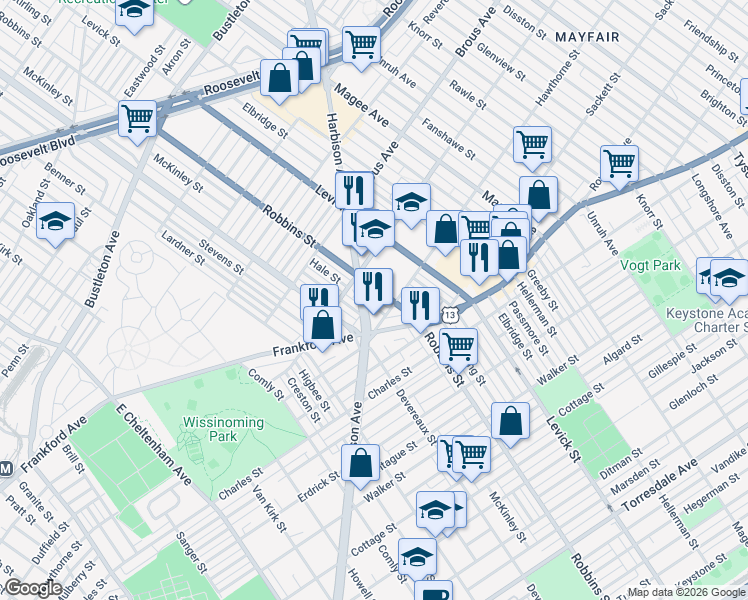 map of restaurants, bars, coffee shops, grocery stores, and more near 6300 Hawthorne Street in Philadelphia