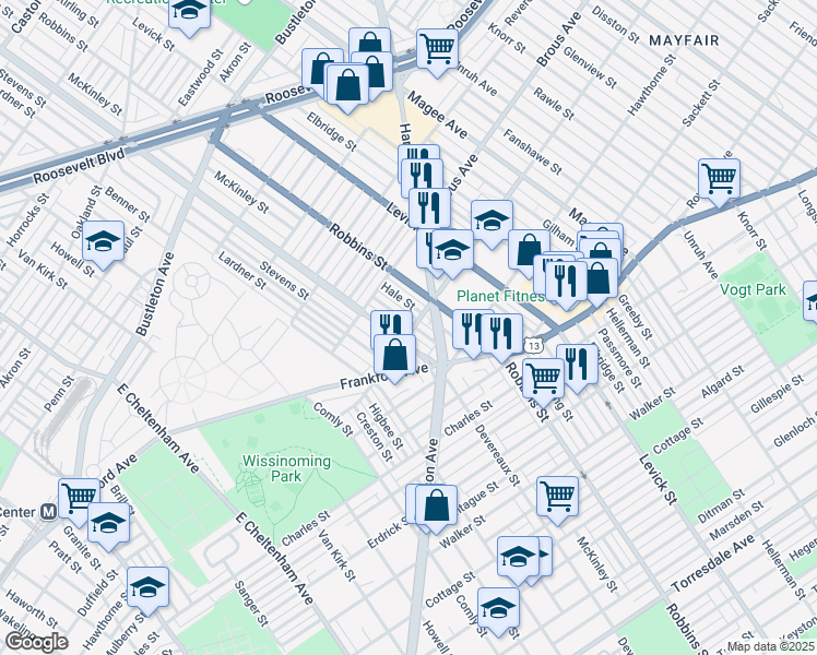 map of restaurants, bars, coffee shops, grocery stores, and more near 2930 McKinley Street in Philadelphia