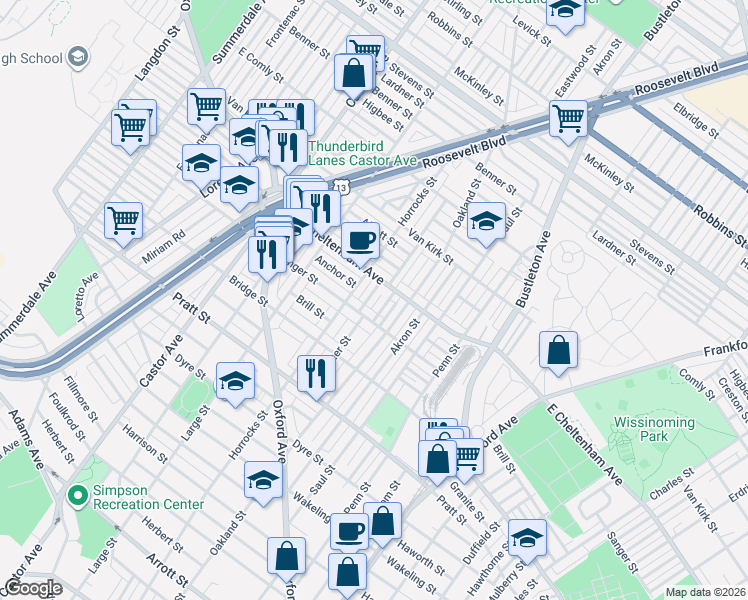 map of restaurants, bars, coffee shops, grocery stores, and more near 5433 Horrocks Street in Philadelphia