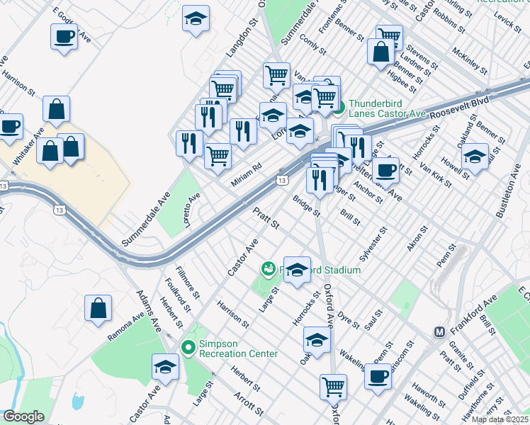 map of restaurants, bars, coffee shops, grocery stores, and more near 989 Pratt Street in Philadelphia