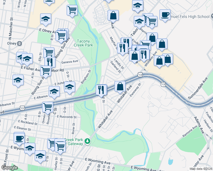 map of restaurants, bars, coffee shops, grocery stores, and more near 5107 F Street in Philadelphia