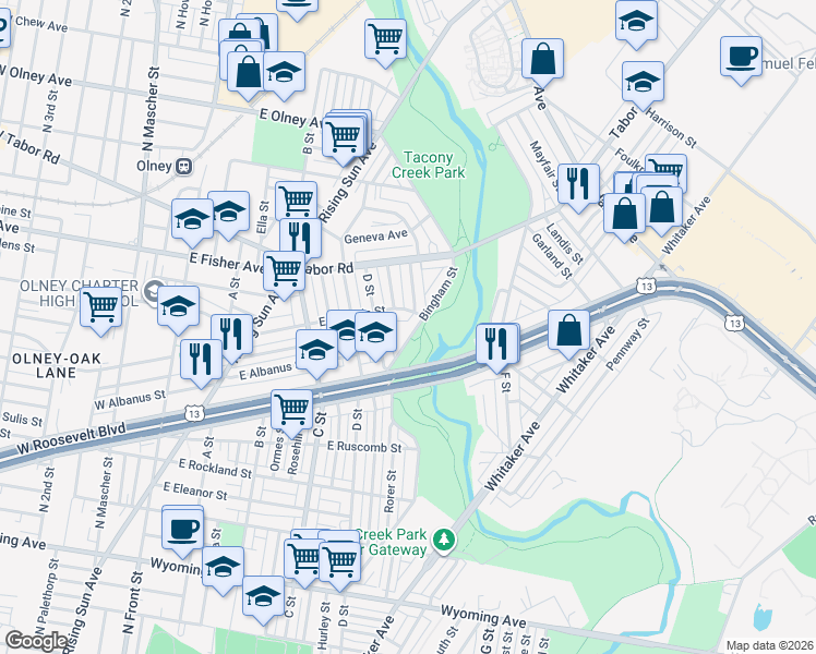map of restaurants, bars, coffee shops, grocery stores, and more near 530 East Ashdale Street in Philadelphia