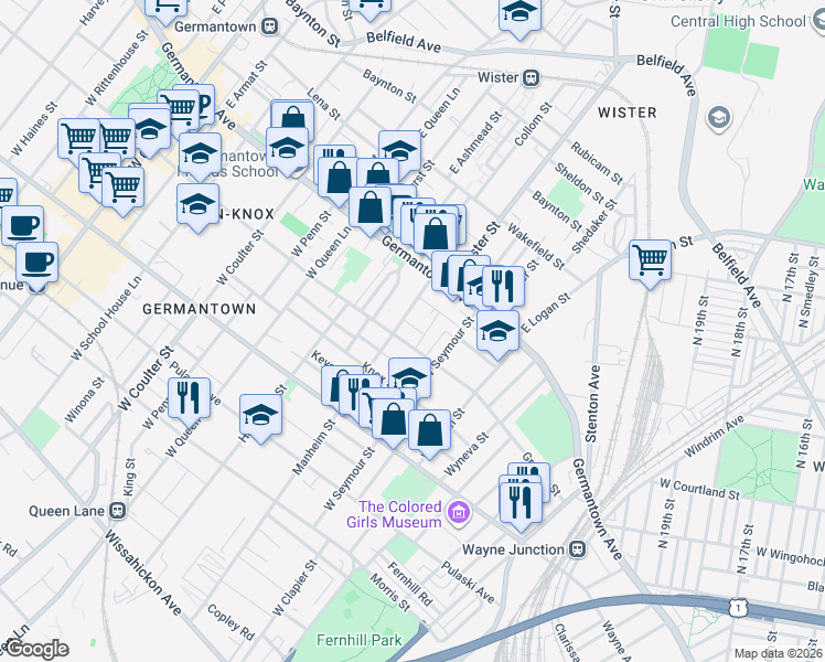 map of restaurants, bars, coffee shops, grocery stores, and more near 58 Manheim Street in Philadelphia