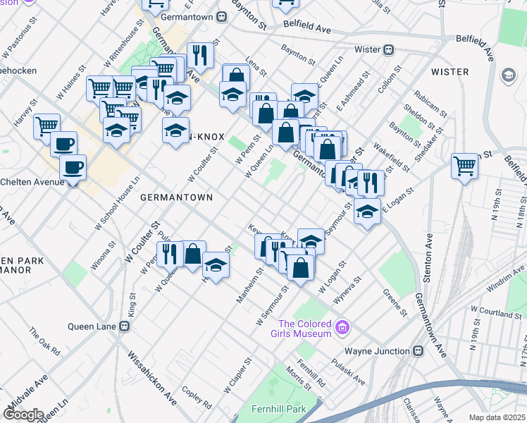 map of restaurants, bars, coffee shops, grocery stores, and more near 127 Hansberry Street in Philadelphia