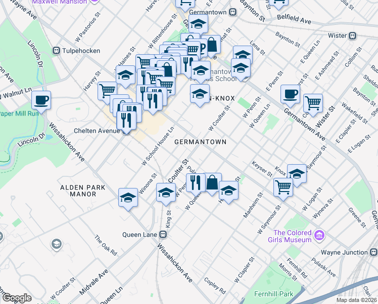 map of restaurants, bars, coffee shops, grocery stores, and more near 5411 Tacoma Street in Philadelphia