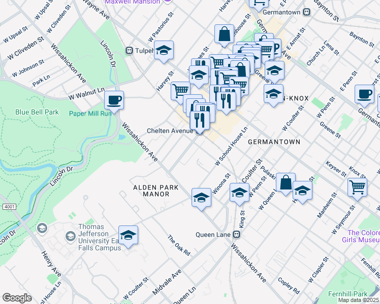 map of restaurants, bars, coffee shops, grocery stores, and more near 400 West Chelten Avenue in Philadelphia