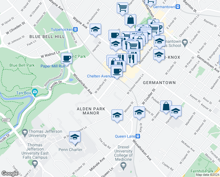 map of restaurants, bars, coffee shops, grocery stores, and more near 400 West Chelten Avenue in Philadelphia