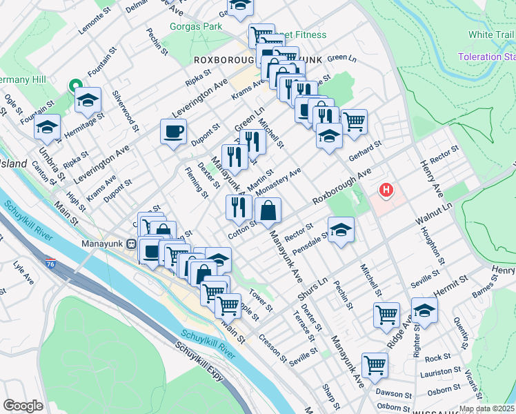 map of restaurants, bars, coffee shops, grocery stores, and more near 303 Monastery Avenue in Philadelphia