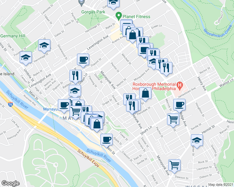 map of restaurants, bars, coffee shops, grocery stores, and more near 303 Monastery Avenue in Philadelphia
