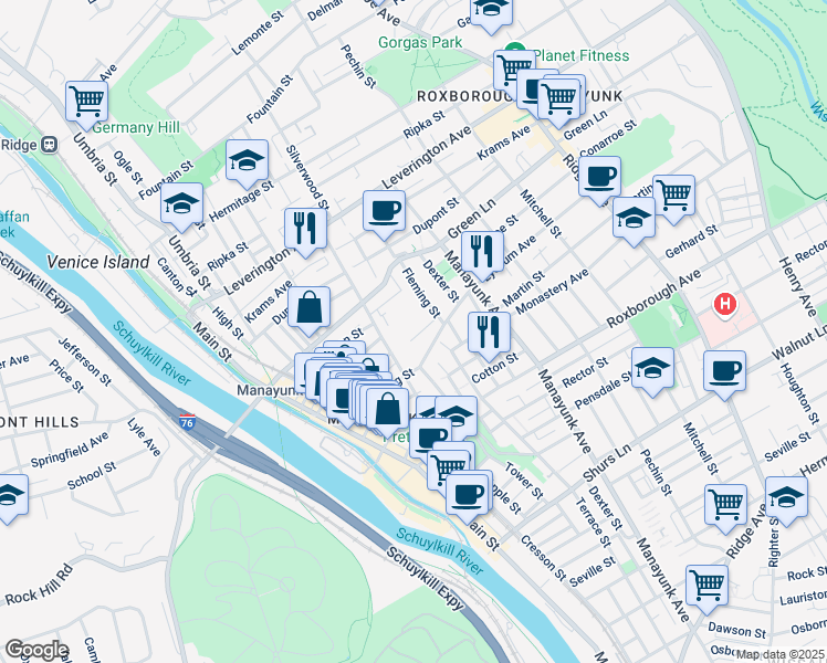 map of restaurants, bars, coffee shops, grocery stores, and more near 327 Carson Street in Philadelphia