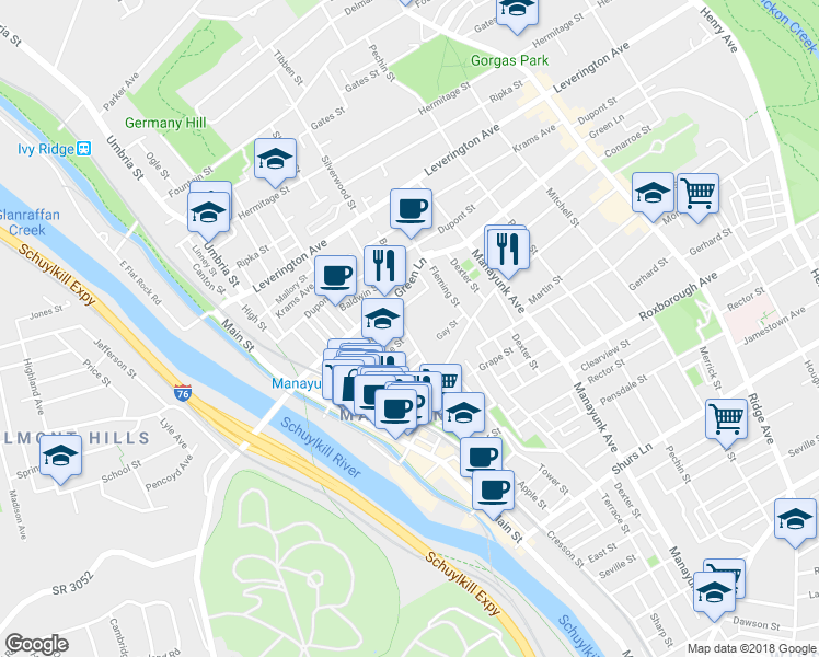 map of restaurants, bars, coffee shops, grocery stores, and more near 327 Carson Street in Philadelphia