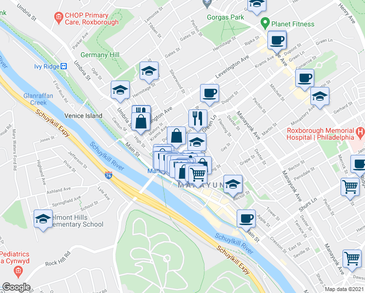 map of restaurants, bars, coffee shops, grocery stores, and more near 4515 Wilde Street in Philadelphia
