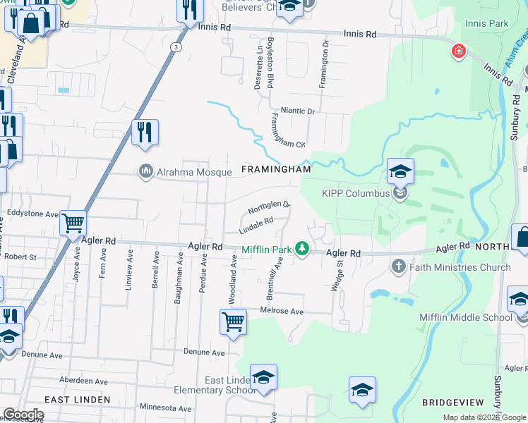 map of restaurants, bars, coffee shops, grocery stores, and more near 2388 Northglen Drive in Columbus